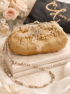 Vintage Mary Frances Beaded Embellished Clutch Bag Gold Satin Floral Handbag